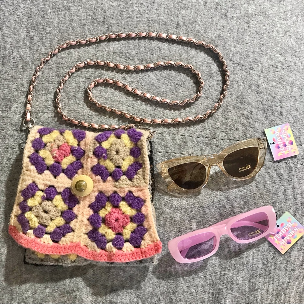 Handmade Crochet 70s Quilt Bag OOAK + 2 UV Fall Sunglasses NWT Boho Chic Gift